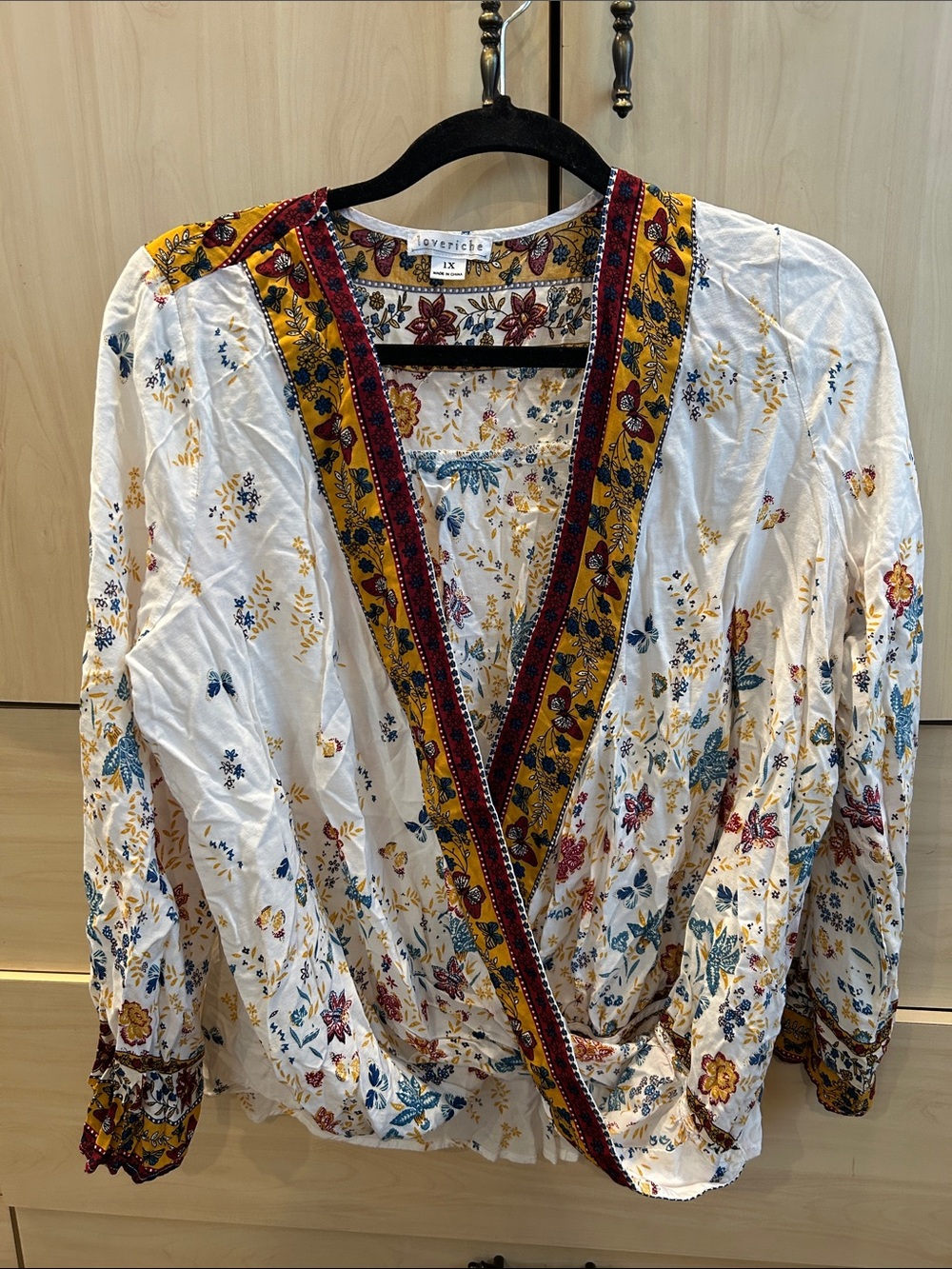 Love Tree White Floral Wrap Blouse with Mustard and Burgundy Trim. Size 1X